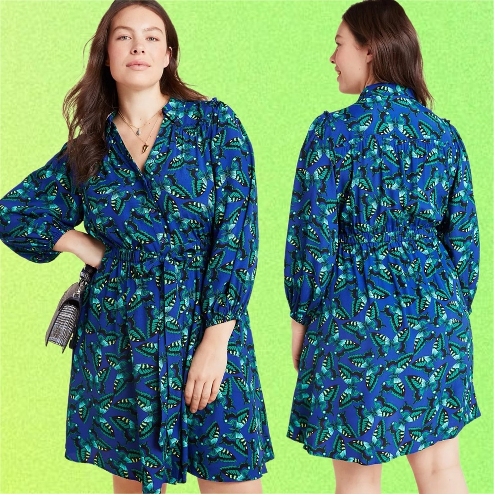 maeve x anthro • pippa shirtdress blue green butterfly print 1x
